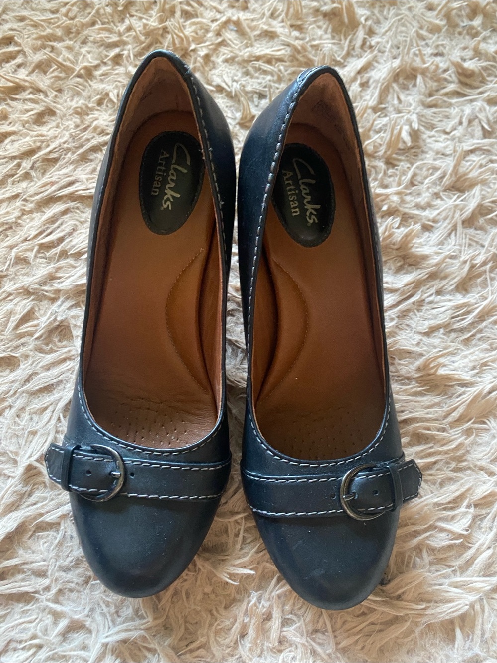 Clarks Black Leather Buckle Pumps